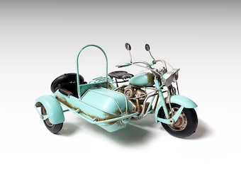Aquamarine Metal Motorcycle with Sidecar Vintage Motorbike Model, Retro Metal Model Oldtimer Vintage Toy Motorcycle Gifts Mens Room Decor