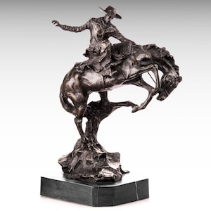 Bronze Sculpture of Rodeo Rider on Horse, Western Cowboy on Bucking Horse Art Bronze Statue on Marble Base Bronze Horse Statue Western Decor