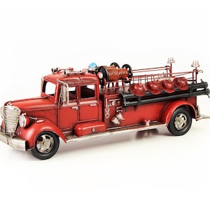 Large 20” Fire Truck Metal Model, Vintage Style Toy Red Car Fire Truck Engine Collector Item Fire Department Bar Decoration Rustic Gift Idea