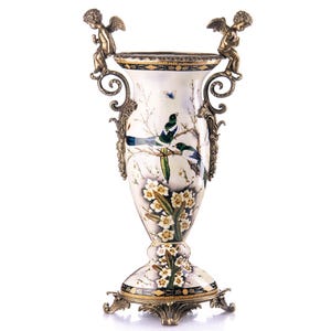 Large Porcelain Vase with Bronze Cherubs, Flower Vase Louis XVI Style Ceramic Vase, Hollywood Regency Art Nouveau Vase Gift Angel Flower Pot image 4