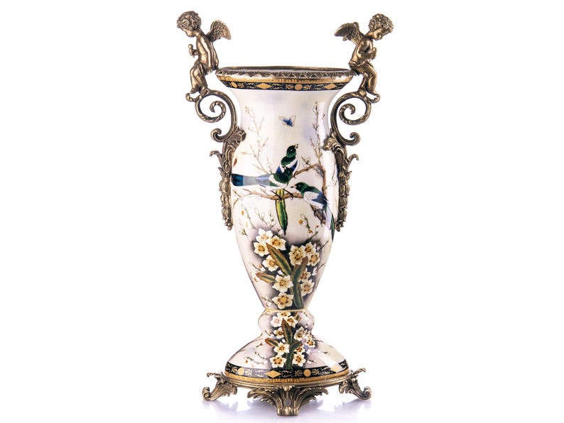 Large Porcelain Vase with Bronze Cherubs, Flower Vase Louis XVI Style Ceramic Vase, Hollywood Regency Art Nouveau Vase Gift Angel Flower Pot image 4