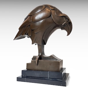 Large Bronze Art Deco Statue of Eagle on Marble Base, Cubist Style Bronze Statue Metal Sculpture Art Big Wild Bird Animal Figurine Gift Idea