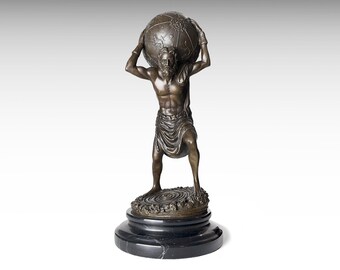 Bronze Sculpture of Atlas Carrying a Globe, Ancient Greek Mythology Bronze Statue on Marble Base, Metal Sculpture Art Interior Design Gift
