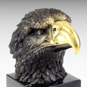 Bronze Statue of Eagle Head Bronze Eagle Statue, Metal Sculpture Art Marble Base, Mid Century Modern American Eagle Decor Personalized Gifts