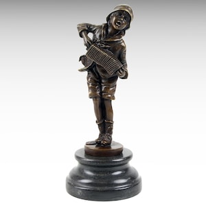 Bronze Sculpture 1930s Boy with Accordion Bronze Statue on Marble Base, Bronze Boy Statue Classic Vintage Art Interior Design Musician Gift