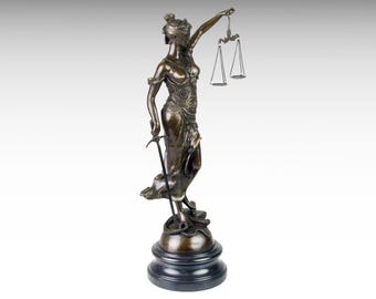 Gran escultura de bronce de 45 cm de la Dama de la Justicia sobre base de mármol, arte clásico, estatua de bronce de Temis, abogado, regalos de graduación, juez, abogado, tribunal