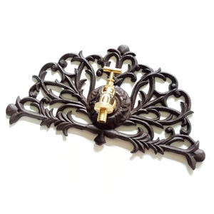 Cast Iron Garden Wall Ornament with Brass Faucet, Architectural Wall Fountain, Metal Wall Spout Brass Tap, Art Nouveau Vintage Garden Decor