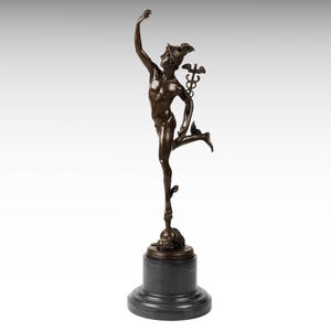 Bronze Sculpture of Flying Mercury with Caduceus, Bronze Hermes Statue 43cm Greek Mythology Statue, Hellenistic Bronze Statue Marble Base