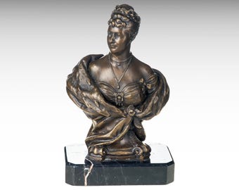 Bronze Sculpture of Augusta Victoria Bust on Marble Base, German Empress Bust Metal Sculpture Art Interior Design Home Decor Bronze Statue
