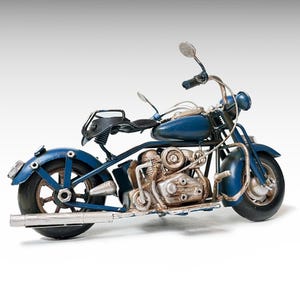 Vintage Blue Metal Motorcycle Model, Chopper Motorcycle Toy Metal Model, Motorbike Retro Metal Sculpture Antique Oldtimer Housewarming Gift