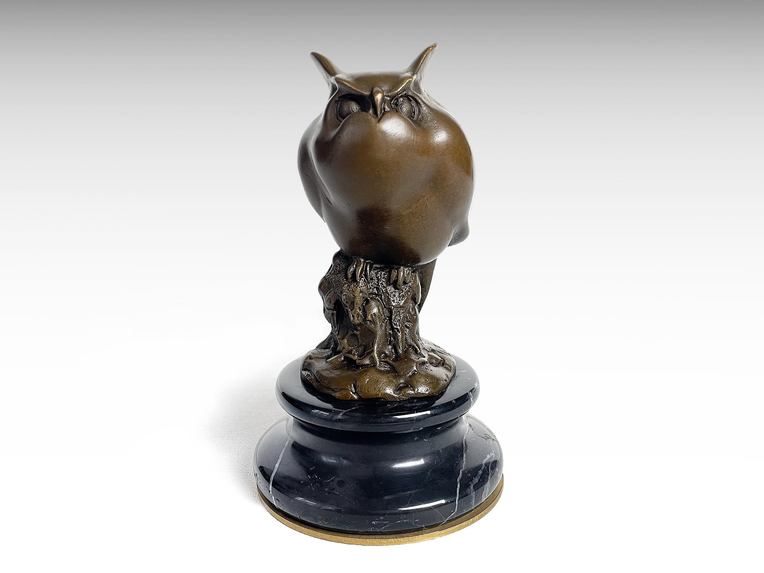 Bronze Sculpture of Wise Owl, Wisdom Symbol Bronze Statue Marble Base Wildlife Animal Art, Bronze Bi