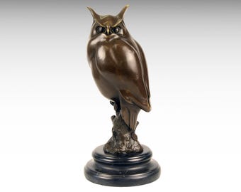 Owl Bronze Sculpture Modern Bronze Statue on Marble Base, Wisdom Symbol Animal Art Figurine, Long Eared Owl Bird Figure Interior Gift Idea