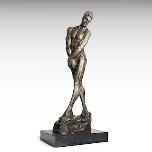 Large Bronze Sculpture of a Standing Man, Male Bronze Statue on Marble Base, Design by A. Rodin, Muscular Luxury Contemporary Masculine Art
