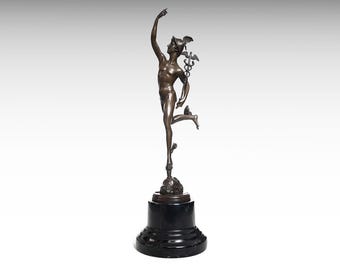 Bronze Sculpture of Flying Mercury with Caduceus, Bronze Hermes Statue 43cm Greek Mythology Statue, Hellenistic Bronze Statue Marble Base