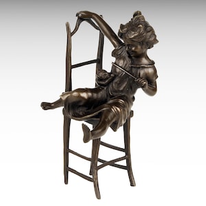 Bronze Sculpture of Girl Sitting on Chair Playing with Her Cat, Bronze Statue Interior Design Metal Sculpture Gift Figurine Funky Home Decor
