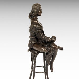 Bronze Sculpture Woman with Apple Sitting on Bar Stool, Modern Bronze Statue Art Figurine, Shabby Chic Interior Design Figure Birthday Gift