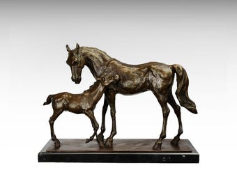 Large Bronze Sculpture of Horses, Horse with Foal Modern Bronze Statue on Marble Base, Animal Art Horse Figurine Mare Horse Lover Gift Decor