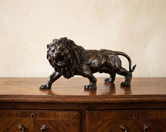 Estatua de león de bronce auténtico, estatua moderna de bronce, escultura de bronce de un león rugiendo furioso, figura de animal salvaje, regalo de Hollywood Regency