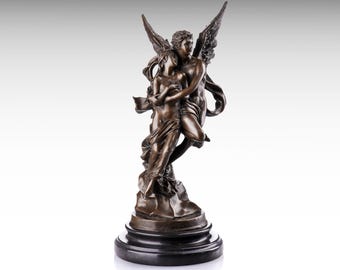 Cupid and Psyche Bronze Sculpture, Bronze Statue on Marble Base, Eros and Psyche Art, Greek Mythology Figurine Angel in Love Metal Sculpture