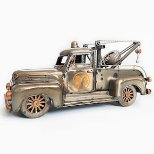 Caminhão de reboque, modelo de carro de metal, veículo de recuperação retrô, caminhonete de guincho estilo vintage, decoração rústica de mesa, carros em escala, presente feito à mão