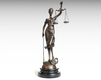 Gran escultura de bronce de 40 cm de la Dama de la Justicia sobre base de mármol, arte clásico, estatua de bronce de Temis, abogado, regalos de graduación, juez, abogado, tribunal