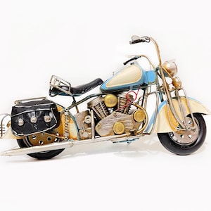 Large Vintage Motorcycle Metal Model, Blue Chopper Old Motorbike Metal Sculpture, Aesthetic Room Decor Metal Art, Boyfriend Gift Biker Gift