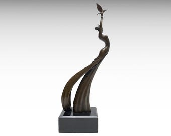 Large Bronze Sculpture of Woman Releasing Pigeon, Dove of Peace Symbol Bronze Statue on Marble Base, Art Nouveau Metal Sculpture Art Gift