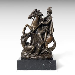 St George and the Dragon Bronze Sculpture, Saint George Kills Dragon Bronze Statue on Marble Base, Mythology Art Roman Soldier Statue Knight