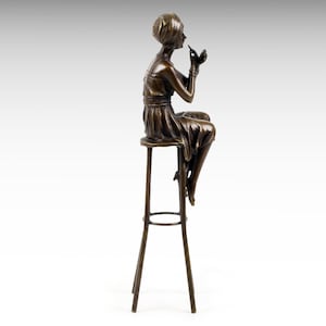 Bronze Sculpture of Woman Apply Lipstick Sitting on Bar Stool, Boho Girl Solid Bronze Statue Metal Sculpture Art Minimalist Home Decor Gift