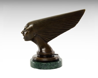 Escultura de bronce estilo Art Déco Victoria Espíritu del Viento de René Lalique, estatua moderna de bronce con base de mármol, figura de mascota de coche clásico