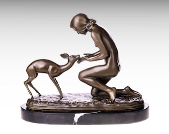 ブロンズ製の鹿と子鹿の彫刻：自宅やオフィスの装飾に最適な、バリーに