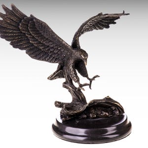 Bronze Sculpture of Attacking Eagle on Marble Base, Bronze Eagle Statue Metal Sculpture, Modern Bronze Statue Big Wild Bird Hawk Unique Gift