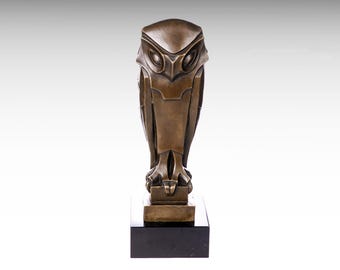 Large Bronze Sculpture of Art Deco Owl, Bronze Statue Marble Base, Wisdom Symbol Animal Figurine, Bauhaus Cubist Bird Figure Birthday Gift