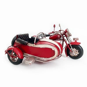 Red & White Metal Motorcycle with Sidecar Vintage Motorbike Model, Retro Metal Model Oldtimer Vintage Toy Motorcycle Gifts Mens Room Decor