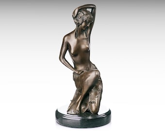 Bronze Sculpture of Art Deco Lady, Vintage Bronze Statue on Marble Base, Boho Metal Sculpture Art Interior Design Housewarming Gift for Her