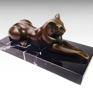 Cat Bronze Sculpture on Marble Base, Art Deco Bronze Statue Mid Century Modern, Animal Figurine Cubist Decor Modernist Sphinx Panther Gift