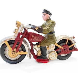 Cast Iron Motorcycle Ornament, Cast Iron Toy Vehicle Antique Motorbike Model, Toy Collector Army Patrol Motorcycle Figurine Rolling Wheels