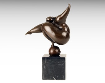 Bronze Sculpture of Chubby Dancer Gymnast, Fernando Botero Style Modernist Bronze Statue on Marble Base, Curvy Lady Girl Figurine Gift Decor
