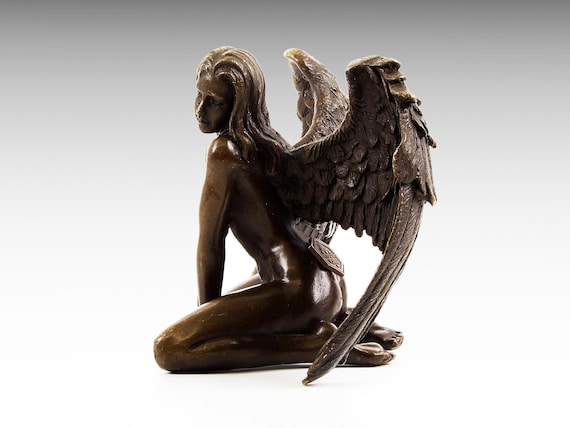 Vintage Angel Bronze Statue Bronze Sculpture Contemporary Art, Angel Figurine Woman Female Lady Girl Angel Wings Signed Shabby Glamour Gift