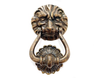 Burnished Brass Lion Head Door Knocker, Antique Design Lionhead Door Hardware African Garden Decor Wildlife Outdoor Decor Housewarming Gift