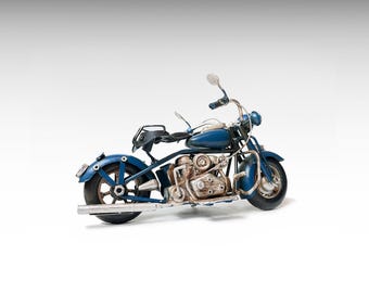Vintage Blue Metal Motorcycle Model, Chopper Motorcycle Toy Metal Model, Motorbike Retro Metal Sculpture Antique Oldtimer Housewarming Gift