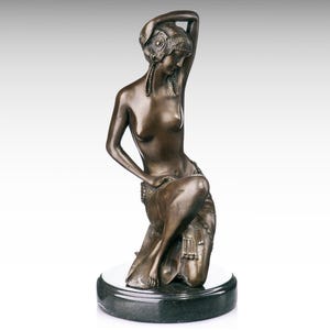 Bronze Sculpture of Art Deco Lady, Vintage Bronze Statue on Marble Base, Boho Metal Sculpture Art Interior Design Housewarming Gift for Her