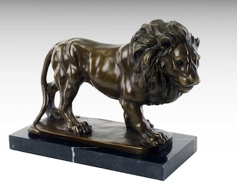 Gran estatua de león, escultura de bronce de león, estatua de bronce sobre base de mármol, león de bronce andante, figura de animal, arte, regalo de cumpleaños de lujo