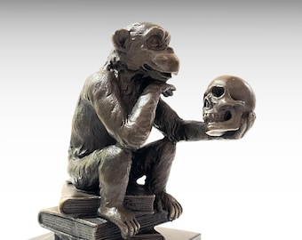 ダーウィンの考える猿のブロンズ彫刻：頭蓋骨の置物、彩色ブロンズ