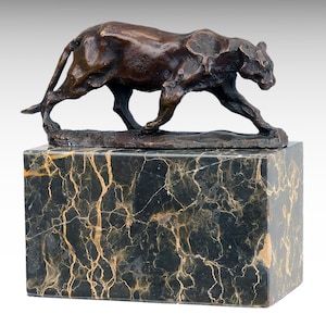 Bronze Sculpture of Walking Panther, Modern Bronze Statue on Marble Base, Tiger Jaguar Art Animal Figurine Wildlife Wild Cat Home Decor Gift