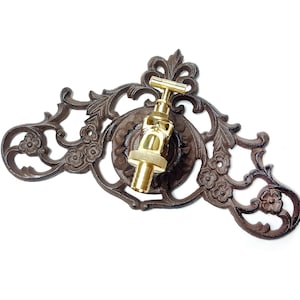 Cast Iron Garden Wall Ornament with Brass Faucet, Metal Wall Spout Brass Tap, Architectural Wall Fountain, Art Nouveau Vintage Garden Decor
