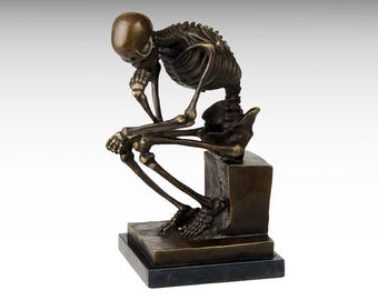 Large Skeleton Bronze Sculpture of The Thinker on Marble Base, Modern Art Figurine Bronze Thinker Statue, Home Decor Luxury Gift Le Penseur