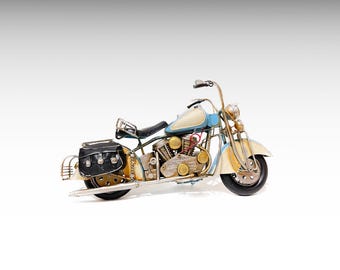 Large Vintage Motorcycle Metal Model, Blue Chopper Old Motorbike Metal Sculpture, Aesthetic Room Decor Metal Art, Boyfriend Gift Biker Gift