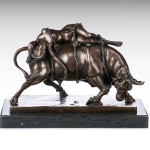 XL Large Bronze Sculpture of Europa Abducted by Zeus, Europa and the Bull Heavy Bronze Statue on Marble Base Greek Mythology Greek Statue