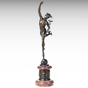 Bronze Sculpture of Flying Mercury with Caduceus, Bronze Hermes Statue Greek Mythology Statue, Hellenistic Bronze Statue on Marble Base Gift